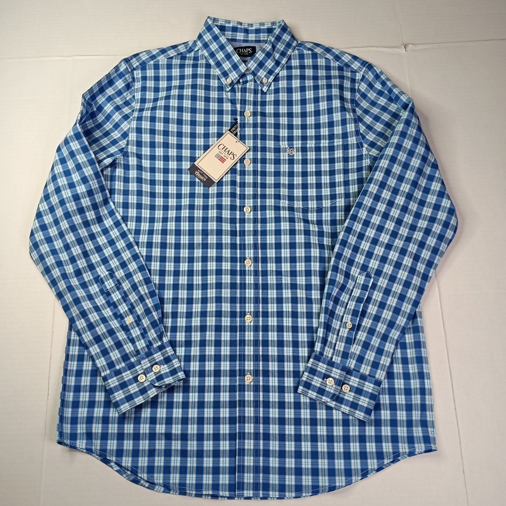 Chaps Easy Care Woven Shirt Men's Size M Classic Blue Plaid Stretch Classic Fit